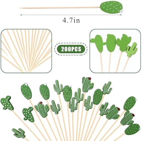 200Pcs Cactus Cocktail Picks for Appetizer Tropical Cacti Cocktail Picks 4.7 Inch Fancy Toothpicks for Food Drinks Fruits Hawaiian Party Food Garnish Skewer Sticks Cactus Party Decoration