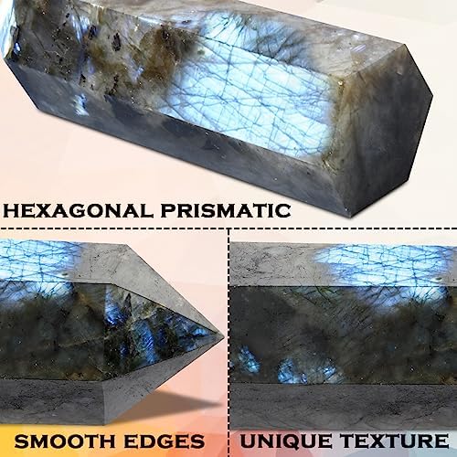 CASMON Large Healing Crystal Wands 3.9"-4.3"(10-11cm), Natural Labradorite Obelisk Crystal Tower Stone, 6 Faceted Single Healing Crystal Point for Reiki Chakra Meditation Therapy (1PC)