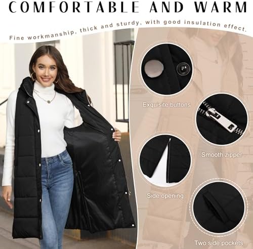 Long Puffer Vest Women Quilted Hooded Vest Zip Up Sleeveless Vests Outerwear Padded Jacket Warm Winter Coat 2026