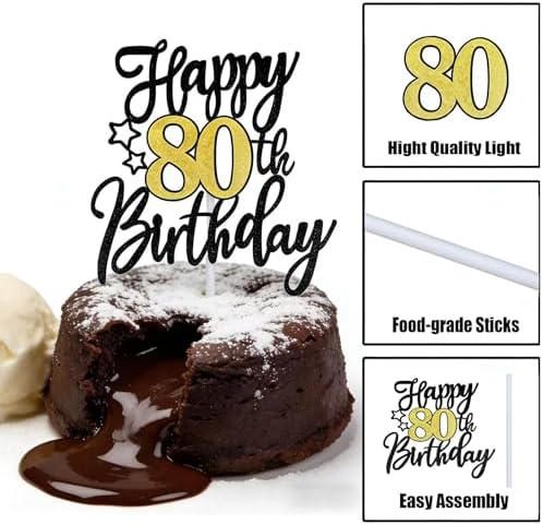 1 PCS Happy 80th Birthday Cake Topper, Black Gold Glitter Cheers to 80 Years Cake Topper, Cake Pick 80th Birthday Cake Decoration for Happy 80th Birthday Anniversary Party Decorations Supplies