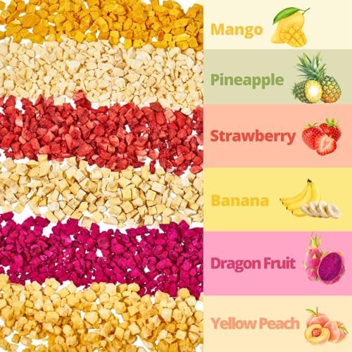 5.29oz Freeze Dried Mixed Fruits - 100% Real Crunchy Mixed Dehydrated Fruit Cubes with Strawberry, Dragon Fruit, Peach, Mango, Banana & Pineapple, Natural Healthy Dried Fruits Snacks, Yogurt & Cereal Topping