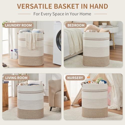 AINUOQI Laundry Basket with Handles - Blanket Basket & Hampers for Bedroom Aesthetic, Laundry Hamper & Blanket Storage for Living Room, Clothes Hamper, Tall, Large 17" x 14" x 22”, Light Brown & White