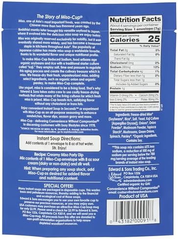 Edward & Sons Reduced Sodium The Original Instant Miso-Cup - Instant Miso Soup Packets, Instant Soup Packets, Miso Packets - 1 Ounce