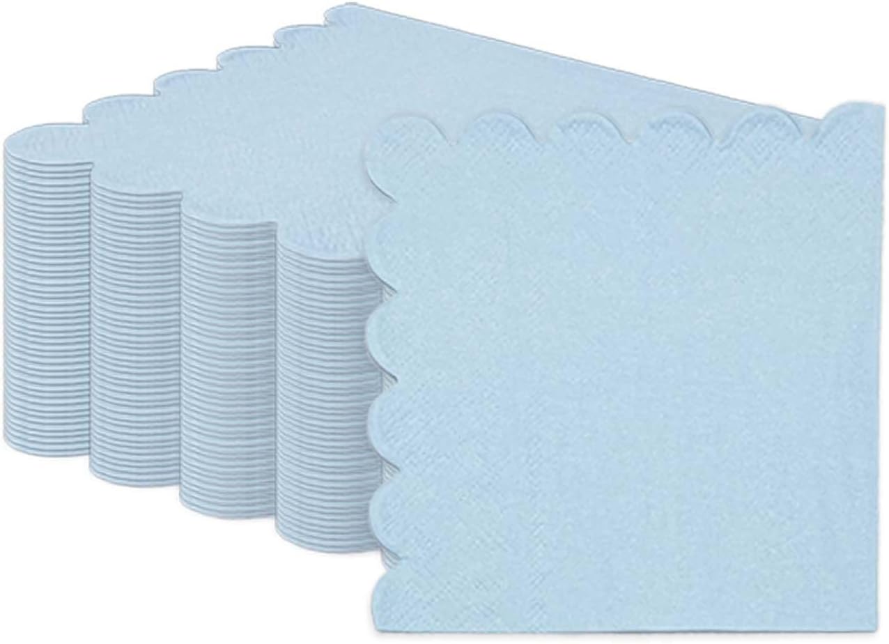HEIPINIUYE 50 Pieces 3-ply Light Blue Napkin Disposable Scalloped Cocktail Napkins Beverage Napkins Dessert Napkins Paper Napkins for Wedding Birthday Party Paper Dinner Napkins