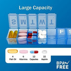 Amazon Basic Care 7-Day Weekly Pill Organizer, Portable Medicine and Vitamin Planner Box with Medium Compartments, Blue