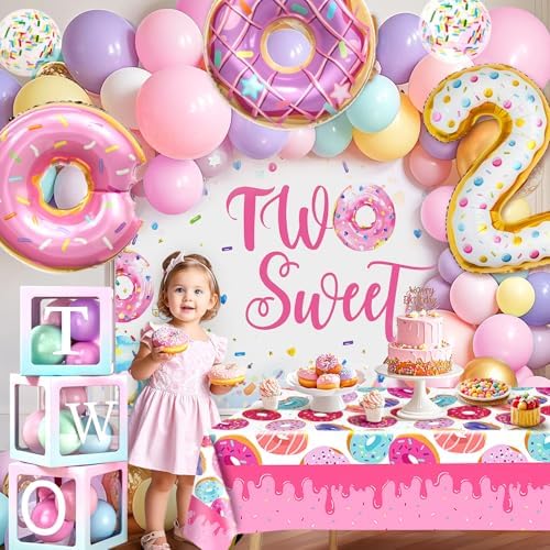Two Sweet Birthday Party Decorations 2nd Birthday Supplies 'TWO' Boxes Donut Balloon Arch Backdrop Tablecloth Crown Foil Balloon Second 2 Year Old Birthdays Decorations for Girls