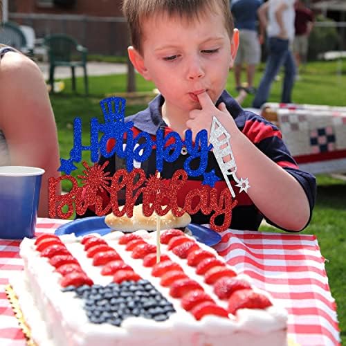 4th of July Happy Birthday Cake Topper, Patriotic Happy Birthday Cake Decor, America Independence Day Theme Birthday Party Decorations Supplies