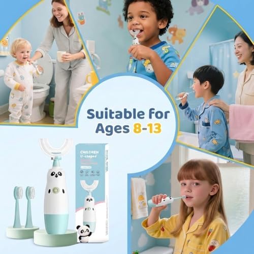 Kids U-Shaped Electric Toothbrush with 2 Brush Heads, Toddlers Sonic with 360 Degree Cleaning, Soft Bristles, Battery Included, IPX7 Waterproof, Cute cartoon for Girls and Boys, Ages 8-13 (Blue)