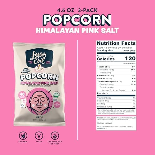 LesserEvil Himalayan Pink Salt Organic Popcorn, Premium Quality, Minimally Processed, No Vegetable Oil, 4.6 Oz, (Pack of 3)
