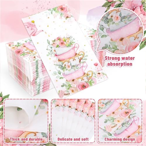 Whaline 100Pcs Tea Party Guest Napkins Floral Teacup Disposable Napkins Flower Tea Cup Dinner Paper Hand Towel for Bathroom Wedding Baby Shower Party Table Decor Supplies