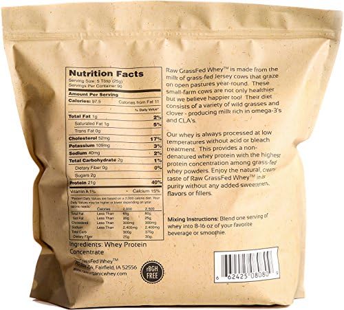Raw Grass Fed Whey Protein Powder – Unflavored, Only 1 Ingredient: Grass-Fed Whey from Happy, Healthy Cows – Undenatured, Non-GMO, Hormone-Free, Gluten-Free, Made in USA, 5LB