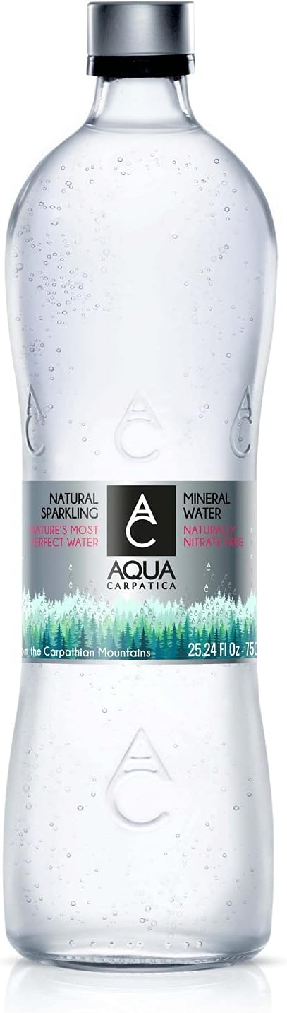 AQUA Carpatica Natural Sparkling Mineral Spring Water with Electrolytes, Naturally Carbonated in Glass Bottles, 750 ml / 25.36 oz. (12 Pack)