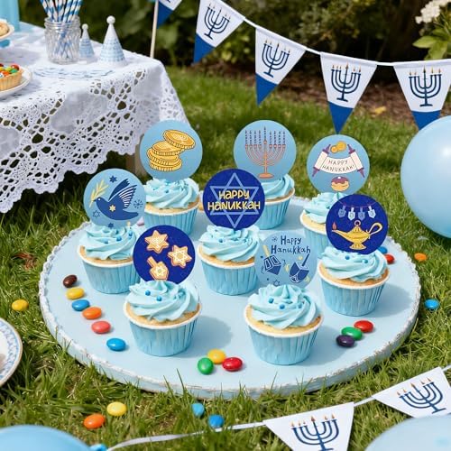 40PCS Edible Happy Hanukkah Cupcake Toppers Wafer Paper Candlestick Menorah Cake Topper Decorations for Sparkle Jewish Birthday Chanukah Holiday Party Decoration Supplies