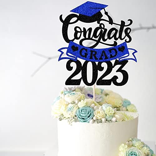 Palasasa Congrats Grad 2023 Cake Topper, Glitter Class of 2023 High School/College/Senior Graduation Party Decorations Supplies (Black and Blue)
