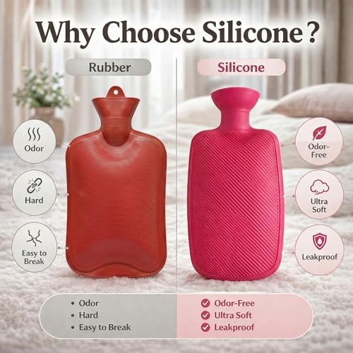 BYVOV Silicone Hot Water Bottle 2L for Pain Relief, Odorless & Leakproof, Long Lasting Heat for Period Cramps, Back, Neck & Muscle Pain, Soft Durable Design (Red)