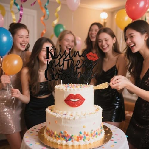 Kissing My Teens Goodbye Cake Topper, Black Glitter 20th Birthday Cake Topper, Hello 20, Cheers to 20 Years Party Cake Pick (Black)