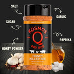 Kosmos Q Honey Killer Bee BBQ Dry Rub, Sweet Seasoning with Brown Sugar, Honey, Garlic & Paprika for Chicken, Pork, Turkey, Ribs and More, Dry Rub for Smoking & Grilling Meat, 13.2 Oz Shaker Bottle