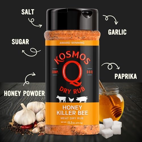 Kosmos Q Honey Killer Bee BBQ Dry Rub, Sweet Seasoning with Brown Sugar, Honey, Garlic & Paprika for Chicken, Pork, Turkey, Ribs and More, Dry Rub for Smoking & Grilling Meat, 13.2 Oz Shaker Bottle