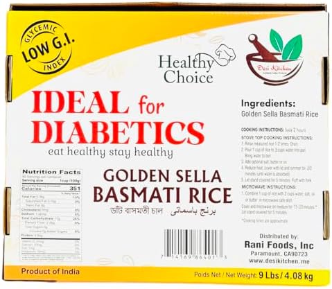Desi Kitchen Golden Sella Basmati Rice 9Lbs/4.08Kg ~ Easy to Cook ~ Low Glycemic Index ~ Free Measuring Cup Inside ~ Eat Healthy Stay Healthy.