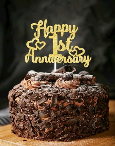 Happy 1st Anniversary Cake Toppers - 1st Wedding Anniversary Decorations, 1st anniversary cake topper, 1st Anniversary Party Decorations Golden Double Sided Glitter One, 1 Years