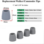 Rubber Walker Tips 1 1/8 inch Heavy Duty, Gray, Pack of 4, Replacement Tips for Walkers, Commodes, Shower Chairs, Walking Sticks, Canes Legs, Cane Tips