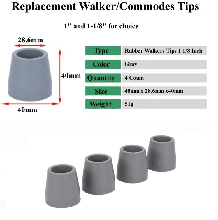 Rubber Walker Tips 1 1/8 inch Heavy Duty, Gray, Pack of 4, Replacement Tips for Walkers, Commodes, Shower Chairs, Walking Sticks, Canes Legs, Cane Tips