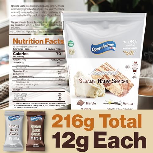 Sesame Halva Bar Mini Snacks - 18 Mini Bars, Assorted Vanilla & Marble Flavors – Delicious Sweet Israeli Mini Snacks Sesame Tahini Bars Assortment, Vegan, Kosher, Source of Fiber – 12g Each (Total 216g)