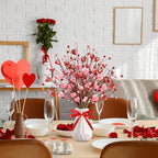 Valentine’s Day Gifts 12 Pcs Glittery Heart Shaped Berry Picks Shining Artificial Red Heart Berry Twig Stem Branches with 2 Rolls of Ribbon for Valentine’s Day Anniversary Bouquets Wedding Home Decor