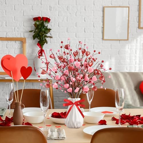 Valentine’s Day Gifts 12 Pcs Glittery Heart Shaped Berry Picks Shining Artificial Red Heart Berry Twig Stem Branches with 2 Rolls of Ribbon for Valentine’s Day Anniversary Bouquets Wedding Home Decor