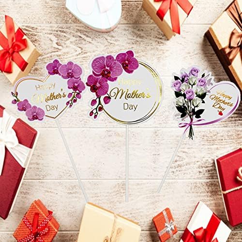 24pcs Happy Mother's Day Cupcake Toppers, Heart Round Butterfly Orchid Rose Flower Cupcake Picks, Cake Decoration for Birthday Mother's Day Party Favors Supplies Favors