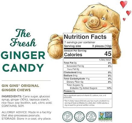 GIN GINS Original Ginger Chews – Natural Fresh Ginger Candy by The Ginger People – Individually Wrapped Healthy Candy – Original Flavor – 3oz Bag (Pack of 1)