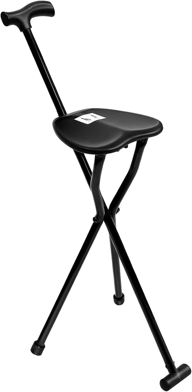 Tripod Cane Chair, 35.4In Foldable Walking Stick with Seat Black Walking Cane Aluminum Alloy Crutch Chair for Seniors 249lbs Capacity