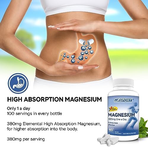 MGSPORT Magnesium Supplement 380mg - High Absorption Magnesium Complex Formula with Vitamins B6, D, E - Supports Muscle Function and Sleep Quality - 60 Servings