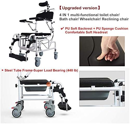 Tilt Shower Commode Chair Personal Mobility Assist Toilet Commode Wheelchair Transport Rolling Chair Waterproof with Padded Flip-up Arm and Foot Rests Adjustable Headrest (with Headrest)