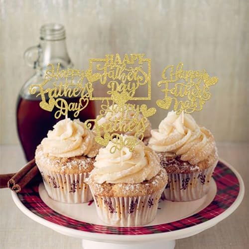 24 Pack Happy Father's Day Cupcake Toppers Glitter Love Heart appy Father's Day Cupcake Picks Love Dad Best Dad Cake Decorations for Father's Day Theme Men Birthday Party Supplies Gold