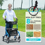 Super Lightweight Rollator Walker for Seniors, Foldable Rolling Walker with Seat and 8" Rubber Wheels for All Terrain, Unique Design Aluminium Frame Sturdy Walkers for Traveling - Blue