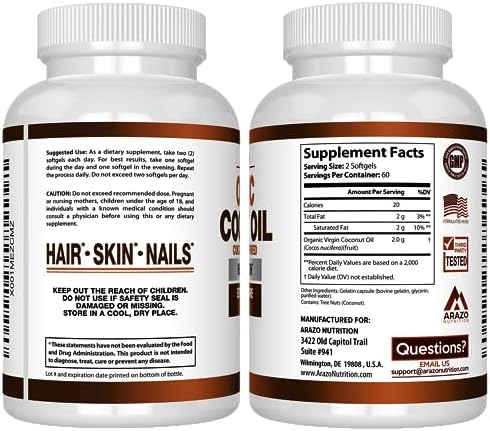 Arazo Nutrition Organic Coconut Oil 2000 MG Per Serving - 100% Extra Virgin Unrefined Cold Pressed for Weight Support, Skin, Hair, Nails - 120 Softgel Capsules
