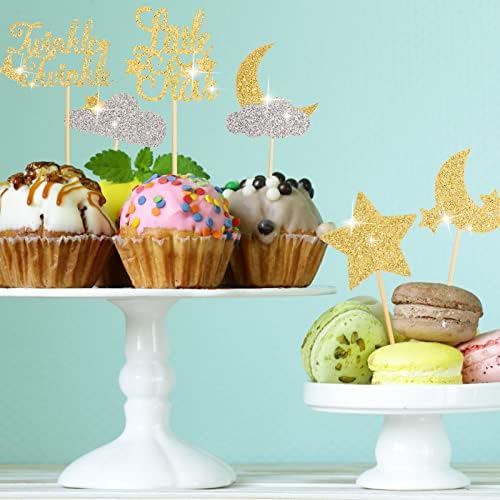 48 Pcs Glitter Little Star Cupcake Toppers Moon Cloud Cupcake Picks Twinkle Twinkle Little Star Baby Shower Decorations for Kids Birthday Wedding Party Cake Supply (Gold, Silver)
