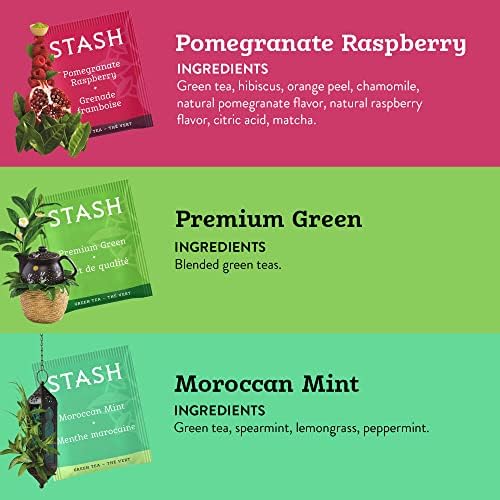 STASH Green Tea Variety Pack – Caffeinated, 6 Boxes of 18-20 Tea Bags Each – Pomegranate Raspberry, Premium Green, Moroccan Mint, Ginger Peach, Chai Green & Asian Pear Harmony