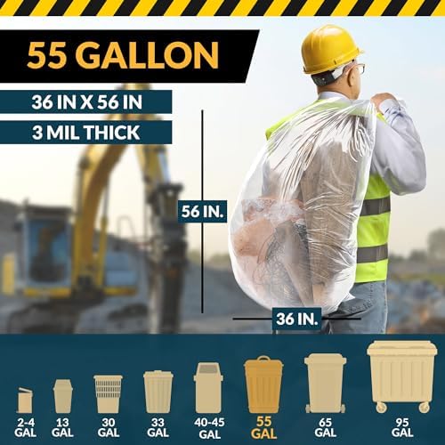 Reli. Contractor Garbage Bags 55 Gallon | 20 Trash Bags | Heavy Duty | Clear Contractor