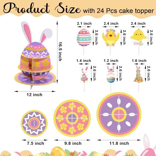 Tanlade 3 Tier Easter Cupcake Stand and 24 Pcs Cupcake Toppers Bunny Birthday Party Supplies Puppy Egg Shaped Bunny Print Cupcake Holder for Puppy Easter Kids Theme Birthday Party Decorations