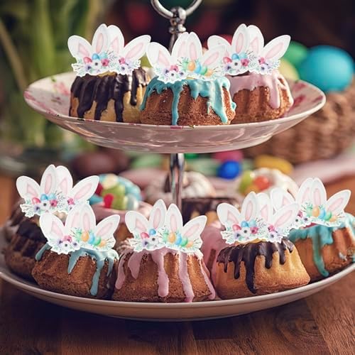 48 PCS Edible Happy Easter Bunny Ears Cupcake Toppers Wafer Paper Rabbit Ears Bunny Party Cake Decorations for Easter Day Theme Baby Shower Birthday Party Cupcake Food Decorations Supplies