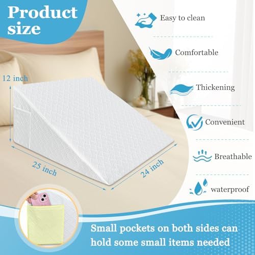 Wedge Pillow Cover 25x24x12 Triangle Pillow Case Bed Wedge Pillow Case Waterproof Pillowcase with Zipper & Pocket Machine Washable Incline Pillow Case Cover-Replacement Protector Only（Waterproof）