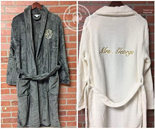 Camelsota Custom Embroidered Super Plush Microfleece Robe with Personalized Name or Text, Smoke Grey, White or Pink Monogrammed Shawl Collar Customized Front or Across Back
