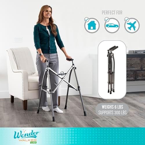 Stander Wonder Walker Lite, Lightweight Folding Mobility Aid for Adults, Seniors, and Elderly, Collapsible Travel Assistant with Rubber Feet for Support, Black Walnut