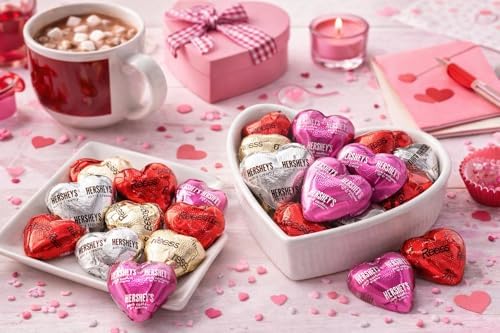 Valentine's Day Milk Chocolate Hearts Candy Mix, Approx 35 Pieces of Milk Chocolate Peanut Butter Creme Hearts, Milk Chocolate Hearts with Extra Creamy & Cookies n Creme Pink Hearts - Individually Wrapped in Pastel Valentine's Day Foil
