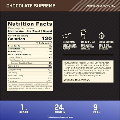 Optimum Nutrition Gold Standard 100% Micellar Casein Protein Powder, Slow Digesting, Helps Keep You Full, Overnight Muscle Recovery, Chocolate Supreme, 2 Pound (Packaging May Vary)