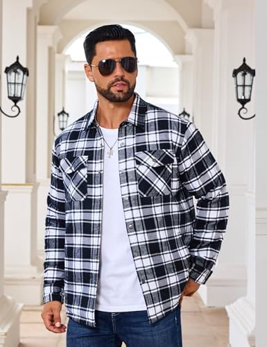 EKLENTSON Men's Flannel Shirt Jacket Quilted Lined Plaid Coats Warm Winter Jacket Thick Button Down Coat with 5 Pockets