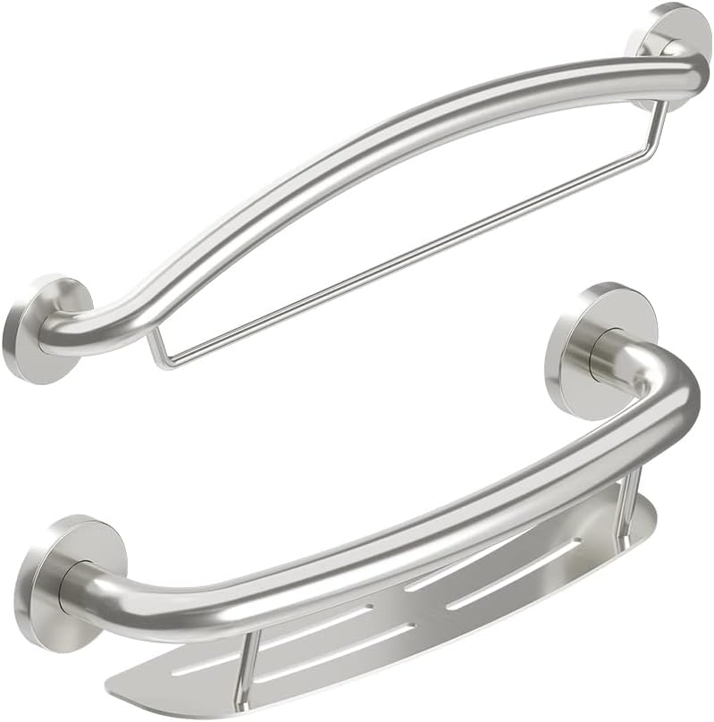HEALTHCRAFT Plus Series Grab Bar 19.5" Shampoo Shelf / 24" Towel Bar Combo Pack in Brushed Stainless Steel