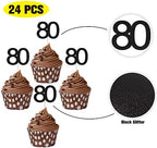 24 PCS 80th Cupcake Toppers - Anniversary or Birthday Cupcake Picks Party Decoration Supplies | Black 80th